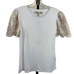 Catherine Malandrino Blouse Women's Small White Embroidered Scalloped Sleeve Top
